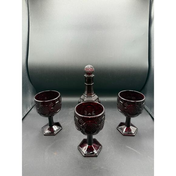 Vintage Avon Ruby Red 1876 Cape Cod 3 Wine Goblets w/Matching Decanter - Picture 2 of 8